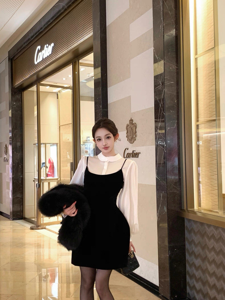 柔白黑韵 轻奢小众收腰衬衫吊带裙套装 Soft White & Black Elegant Luxe Waist-Cinched Shirt and Slip Dress Set