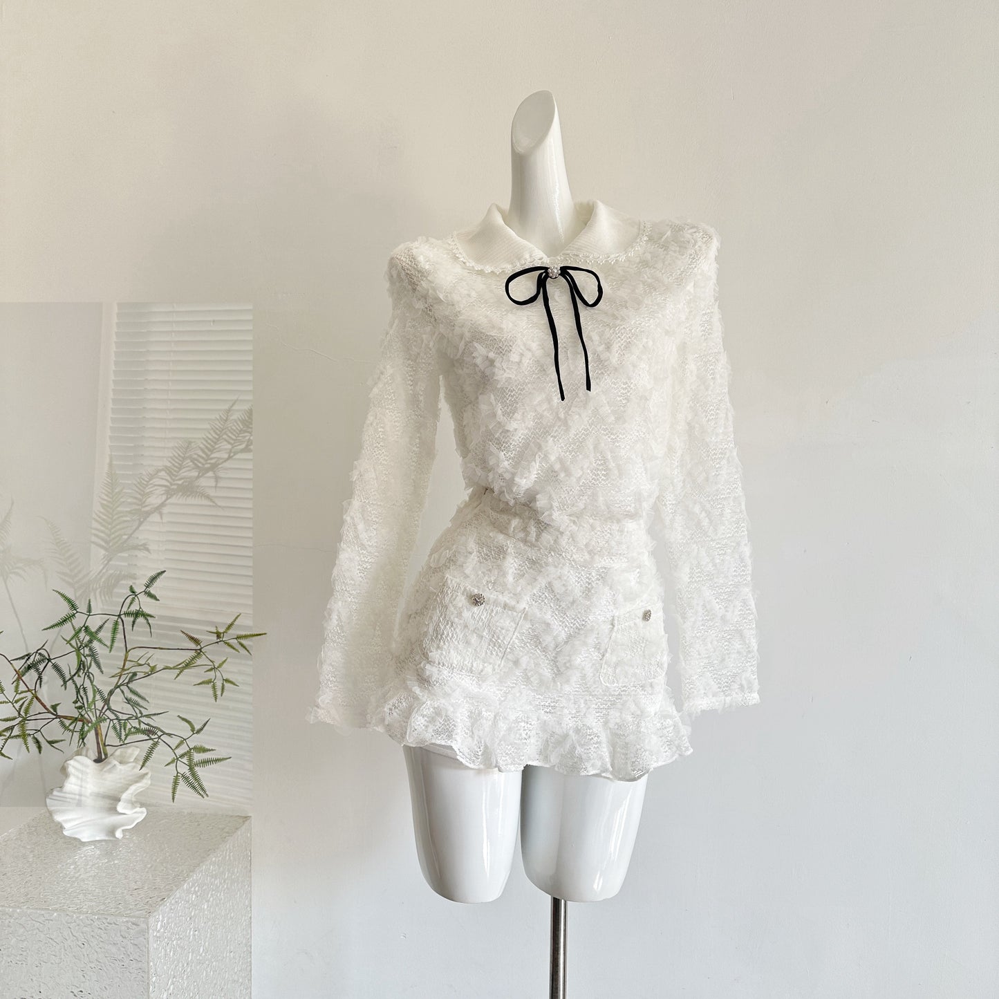 雪松星 蕾丝花边针织领上衣半裙套装 Cedar Star Lace-Trim Knit Collar Top and Midi Skirt Set