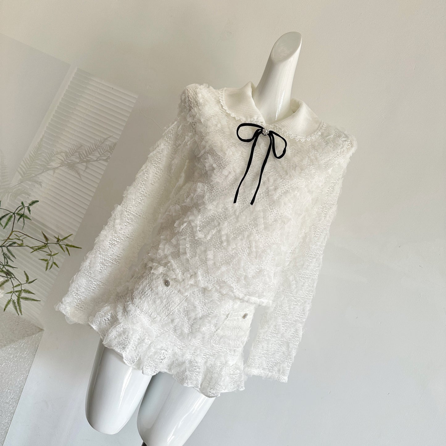 雪松星 蕾丝花边针织领上衣半裙套装 Cedar Star Lace-Trim Knit Collar Top and Midi Skirt Set