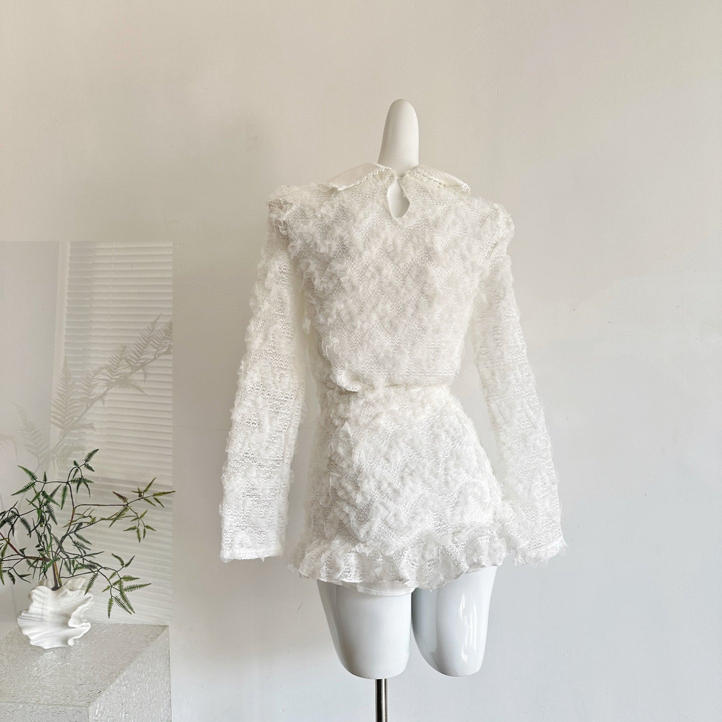 雪松星 蕾丝花边针织领上衣半裙套装 Cedar Star Lace-Trim Knit Collar Top and Midi Skirt Set