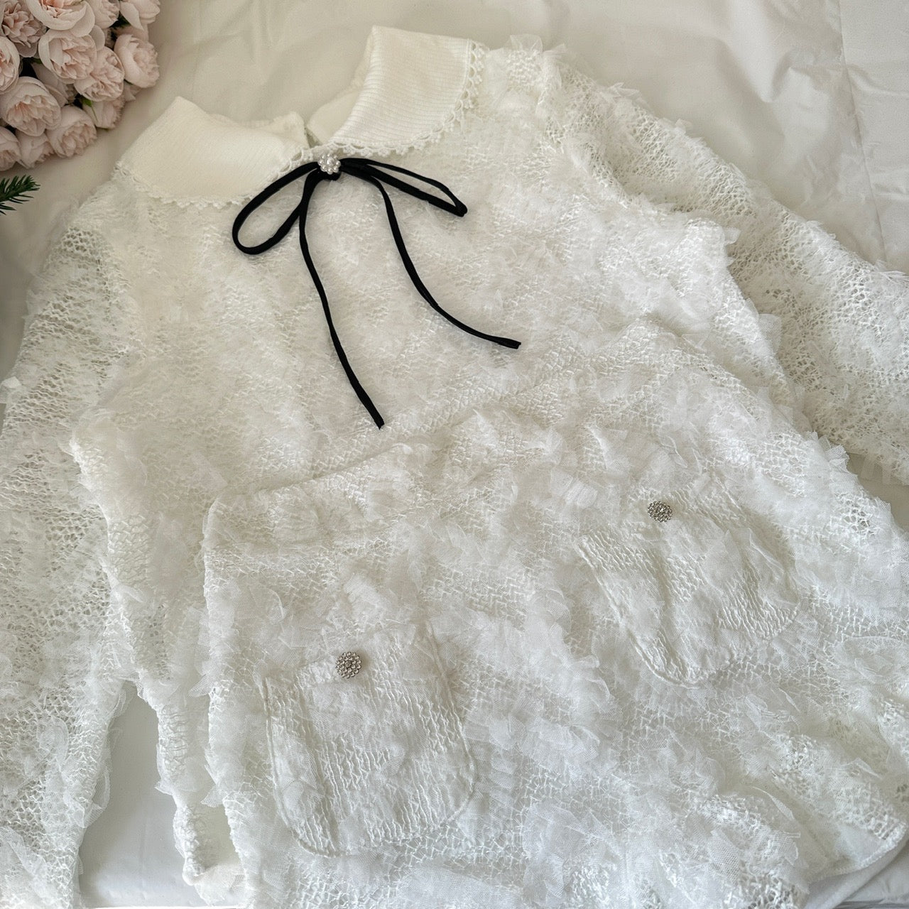 雪松星 蕾丝花边针织领上衣半裙套装 Cedar Star Lace-Trim Knit Collar Top and Midi Skirt Set