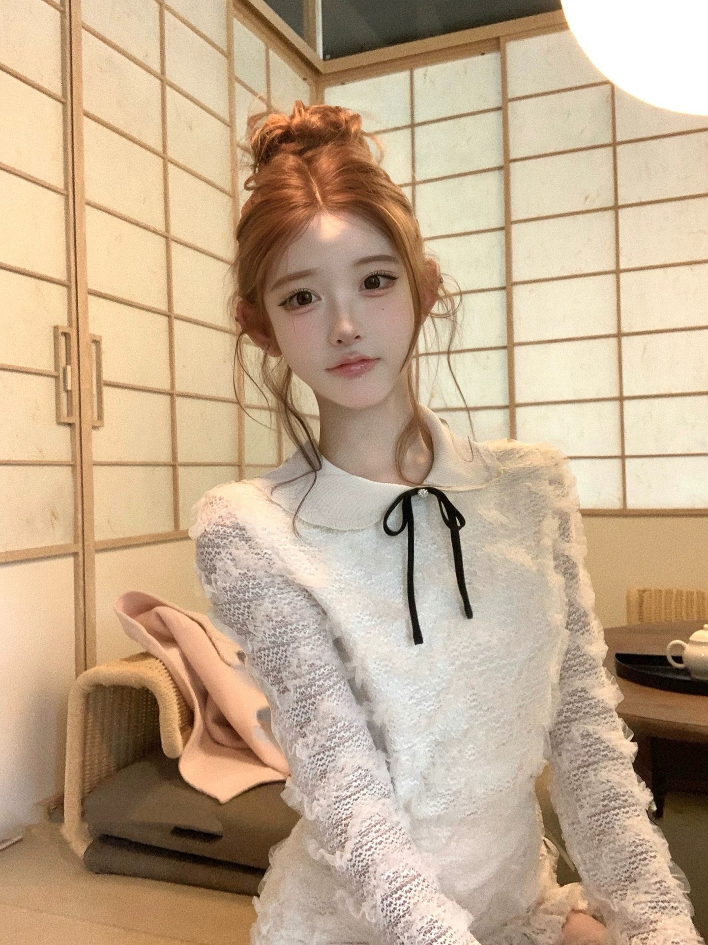 雪松星 蕾丝花边针织领上衣半裙套装 Cedar Star Lace-Trim Knit Collar Top and Midi Skirt Set