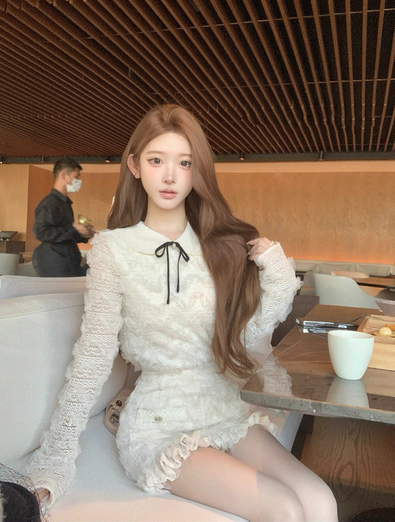 雪松星 蕾丝花边针织领上衣半裙套装 Cedar Star Lace-Trim Knit Collar Top and Midi Skirt Set