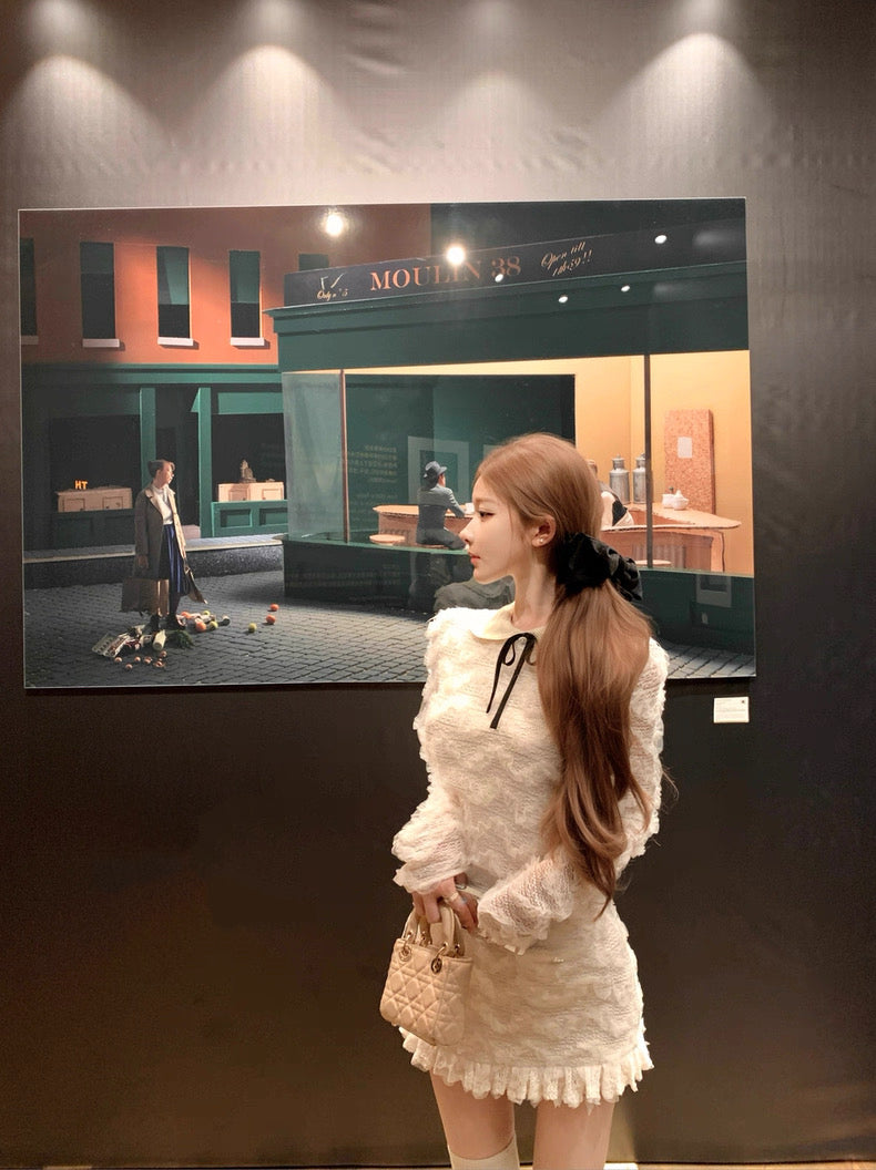 雪松星 蕾丝花边针织领上衣半裙套装 Cedar Star Lace-Trim Knit Collar Top and Midi Skirt Set