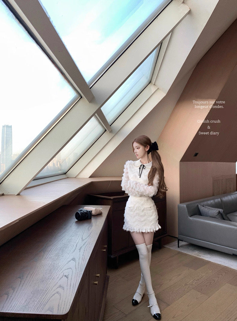 雪松星 蕾丝花边针织领上衣半裙套装 Cedar Star Lace-Trim Knit Collar Top and Midi Skirt Set