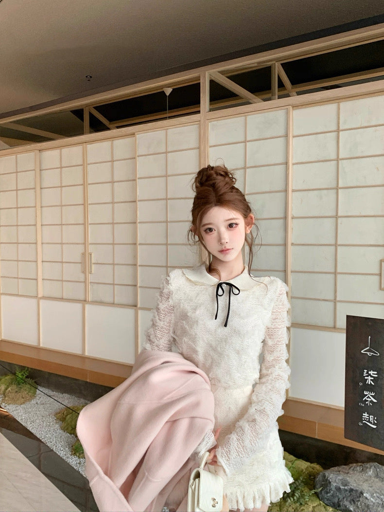 雪松星 蕾丝花边针织领上衣半裙套装 Cedar Star Lace-Trim Knit Collar Top and Midi Skirt Set