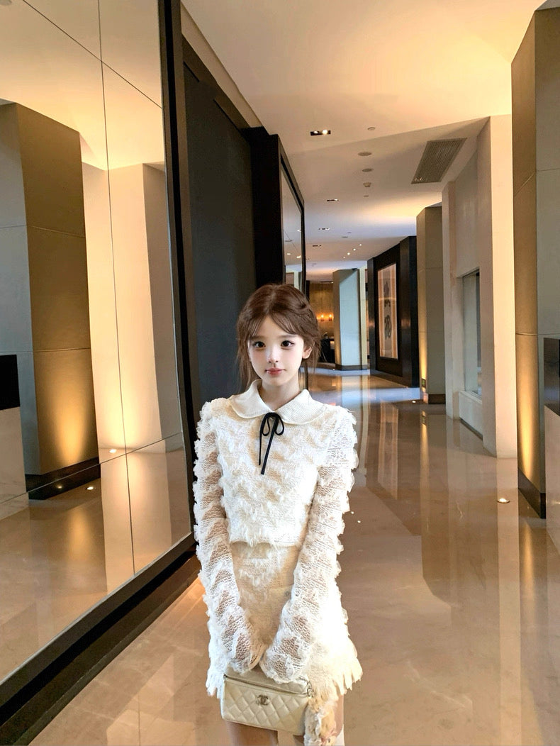 雪松星 蕾丝花边针织领上衣半裙套装 Cedar Star Lace-Trim Knit Collar Top and Midi Skirt Set