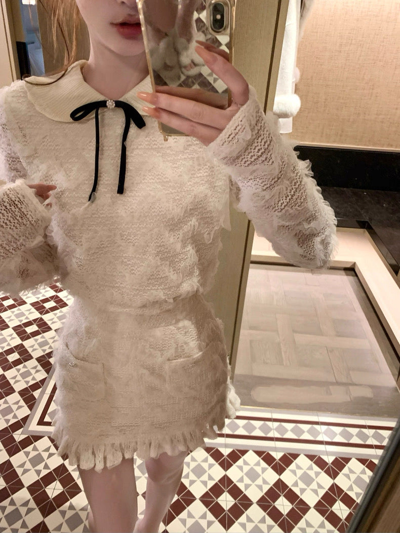 雪松星 蕾丝花边针织领上衣半裙套装 Cedar Star Lace-Trim Knit Collar Top and Midi Skirt Set