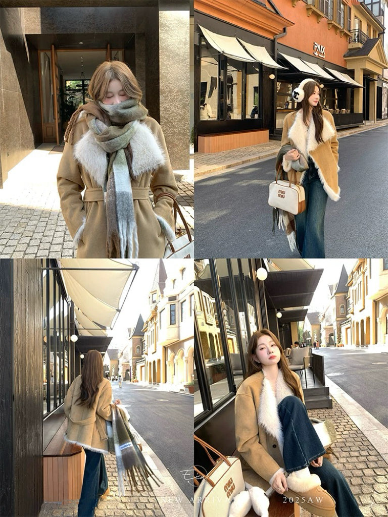 旧日咖啡馆 韩系皮草大翻领仿麂皮绒大衣 Old Days Café Korean-Style Faux Fur Wide-Collar Suede Coat