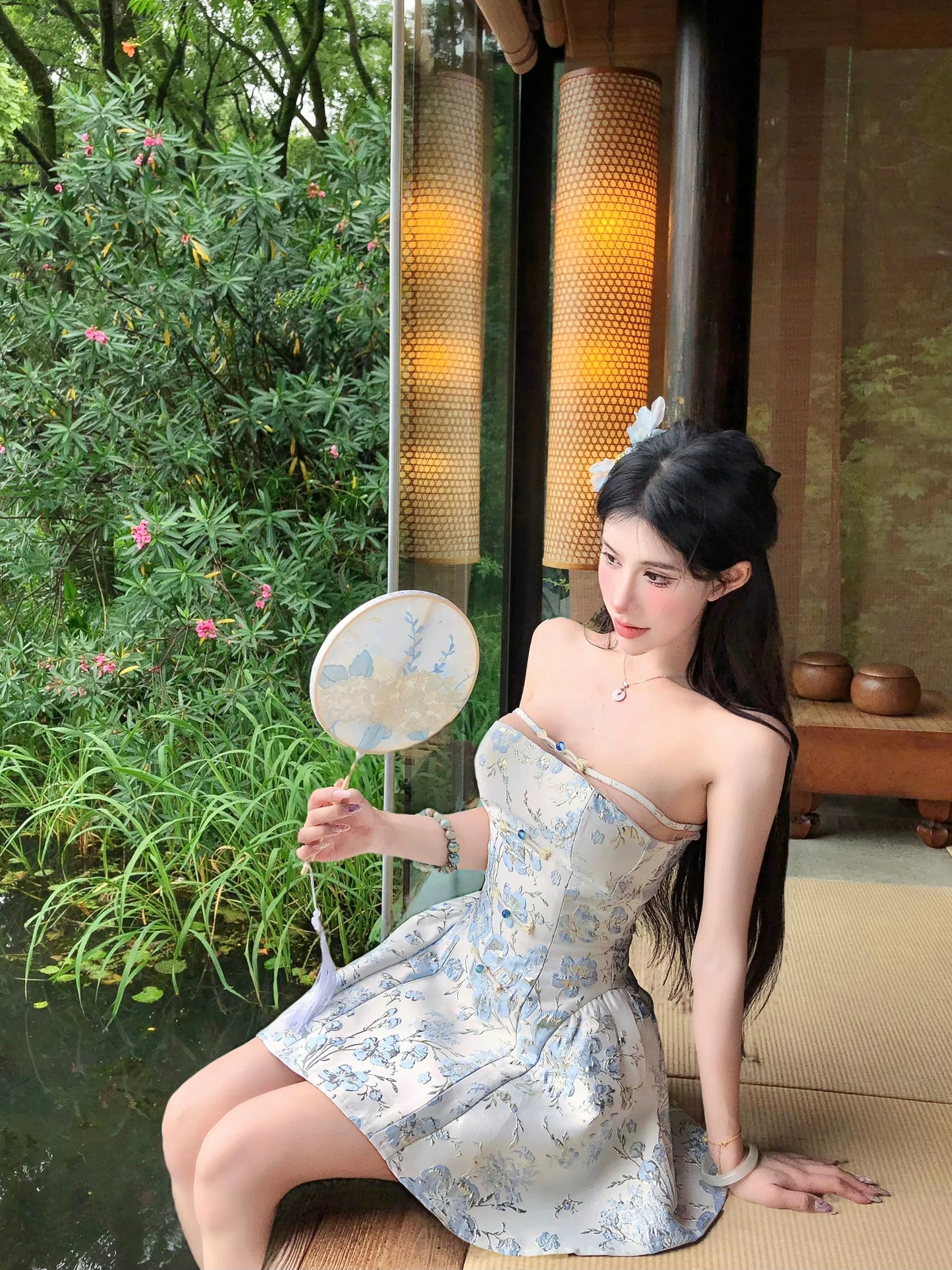 上海玉裳 新中式印花抹胸吊带连衣裙 Shanghai Yushang New Chinese Style Floral Print Strapless Camisole Dress