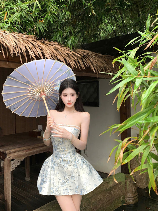 上海玉裳 新中式印花抹胸吊带连衣裙 Shanghai Yushang New Chinese Style Floral Print Strapless Camisole Dress