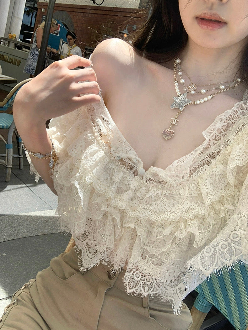 普罗旺斯夏日 甜美双色蕾丝叠加性感上衣 Provence Summer Sweet Two-Tone Lace Layered Sexy Top