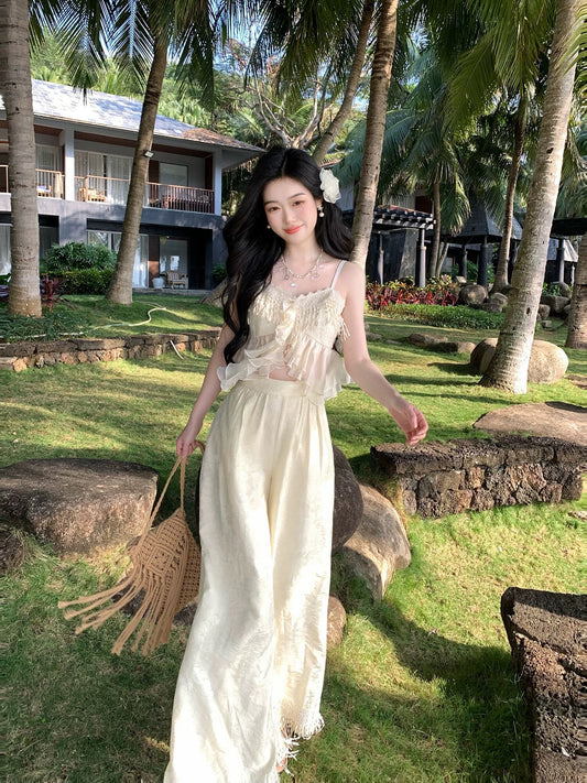 落花惊雨 绣花流苏多层纱上衣+阔腿套装 Falling Blossoms – Embroidered Tassel Multi-layer Tulle Top + Wide-leg Pants Set