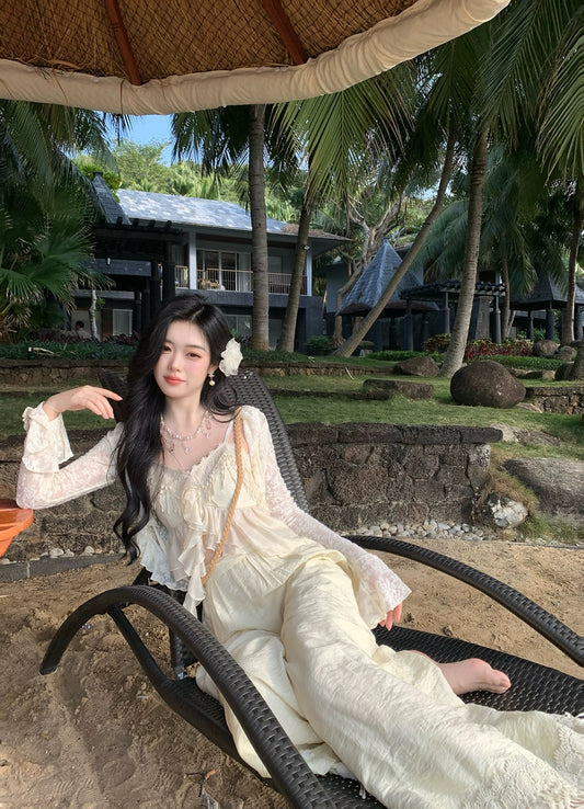 落花惊雨 绣花流苏多层纱上衣+阔腿套装 Falling Blossoms – Embroidered Tassel Multi-layer Tulle Top + Wide-leg Pants Set