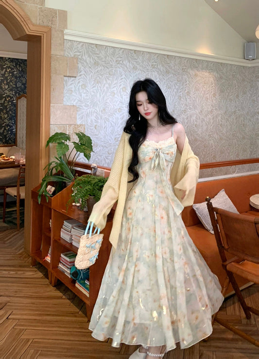 涟心蕊 碎花烫金蝴蝶结吊带连衣裙 Lianxinrui – Floral Foil-Print Bowknot Camisole Dress