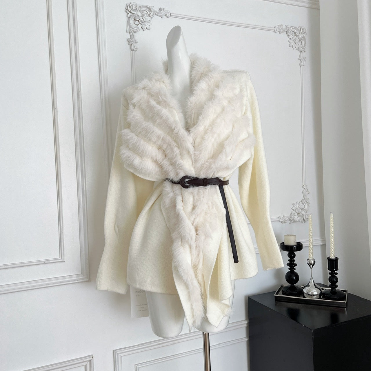 娇宠贵女 长款狐狸毛领收腰针织女外套 Pampered Noble Lady Long Knitted Coat with Fox Fur Collar and Waist Cinching