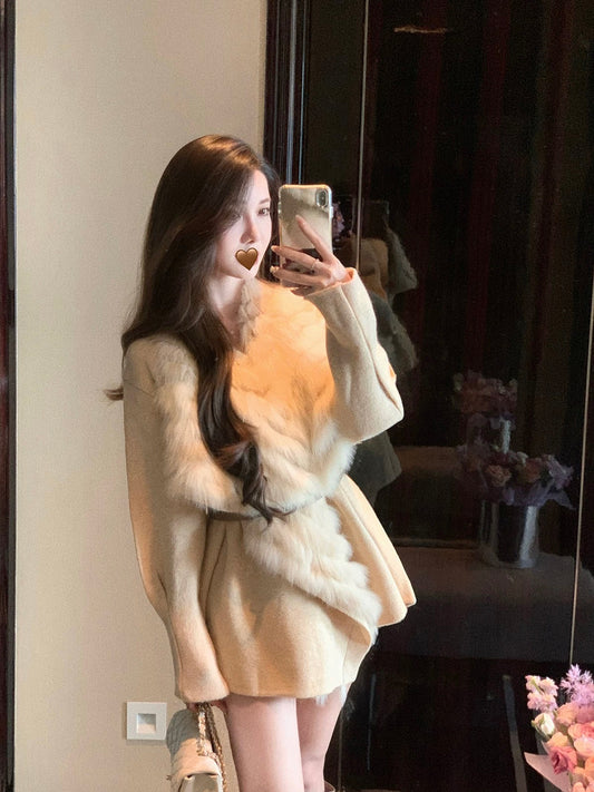 娇宠贵女 长款狐狸毛领收腰针织女外套 Pampered Noble Lady Long Knitted Coat with Fox Fur Collar and Waist Cinching