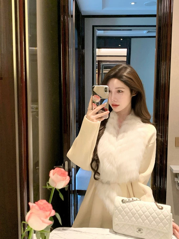 娇宠贵女 长款狐狸毛领收腰针织女外套 Pampered Noble Lady Long Knitted Coat with Fox Fur Collar and Waist Cinching