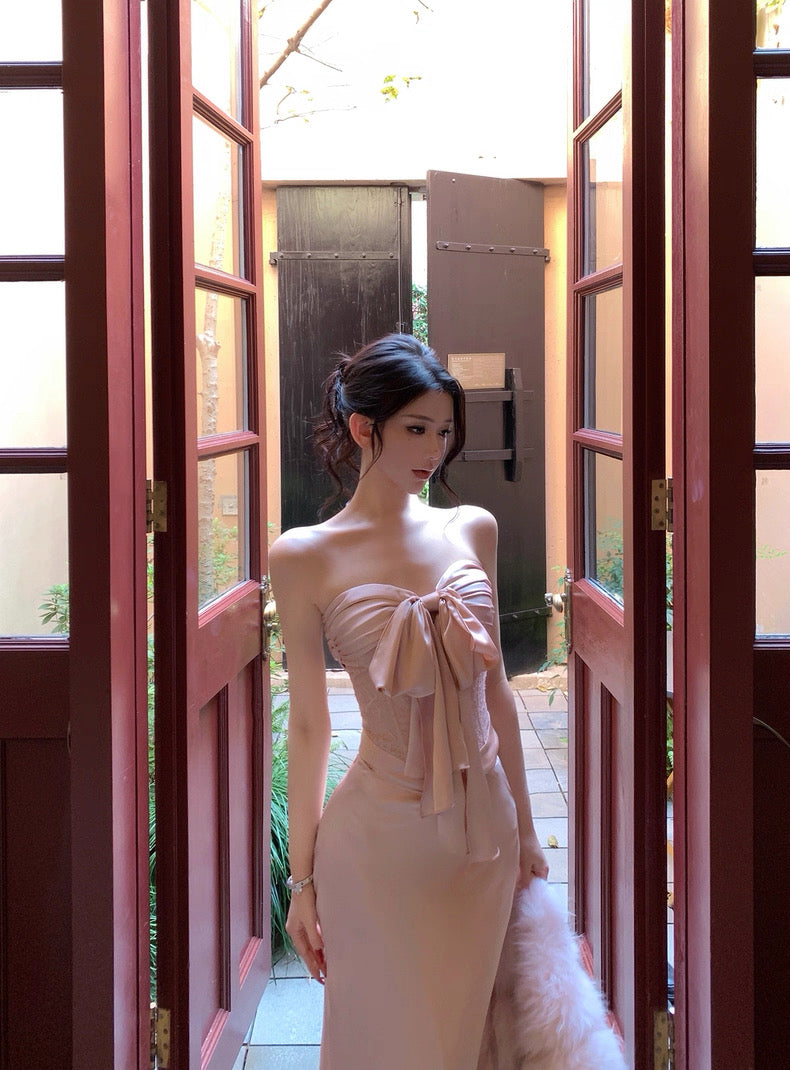 贵货-莉莉丝 蕾丝鱼骨蝴蝶结抹胸高腰锻面鱼尾半裙套装 Premium Design Lace Corset-Style Strapless Satin Mermaid Skirt Set with Bow Detail