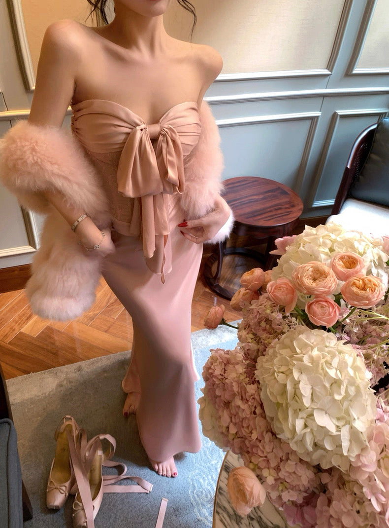 贵货-莉莉丝 蕾丝鱼骨蝴蝶结抹胸高腰锻面鱼尾半裙套装 Premium Design Lace Corset-Style Strapless Satin Mermaid Skirt Set with Bow Detail