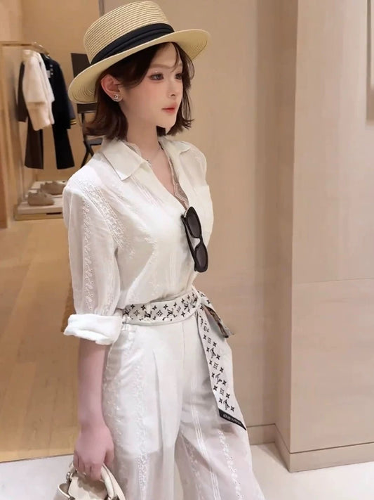 锦鲤花郁 蕾丝微透衬衫阔腿裤套装 Koi Blossom Lace Sheer Shirt and Wide-Leg Pants Set