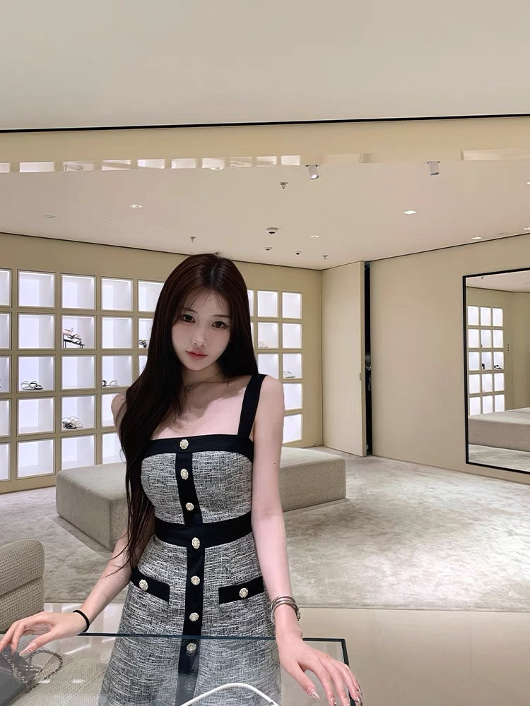 香香典藏 灰色撞色小香风连衣裙 Xiang Collection Grey Color-Block French Chic Dress