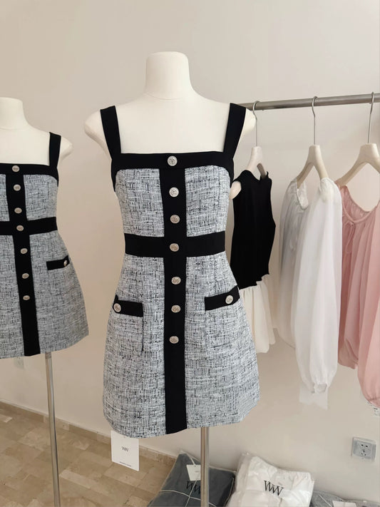 香香典藏 灰色撞色小香风连衣裙 Xiang Collection Grey Color-Block French Chic Dress