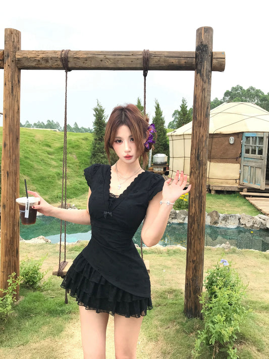 蕾丝泡沫 假两件蕾丝纯欲连衣裙 Lace Bubble Faux Two-Piece Pure Desire Lace Dress