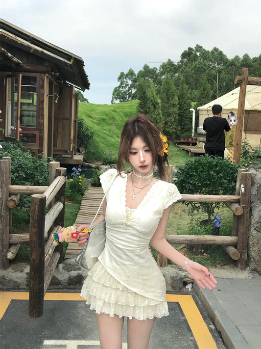蕾丝泡沫 假两件蕾丝纯欲连衣裙 Lace Bubble Faux Two-Piece Pure Desire Lace Dress