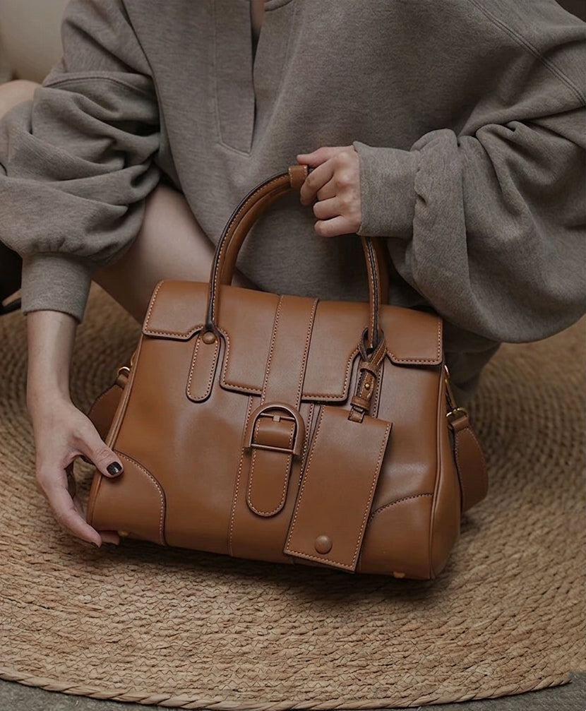 Aurex Top-Grain Leather Large-Capacity Briefcase with Horseshoe Buckle