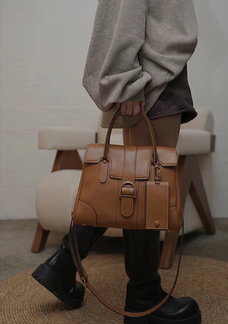 Aurex Top-Grain Leather Large-Capacity Briefcase with Horseshoe Buckle
