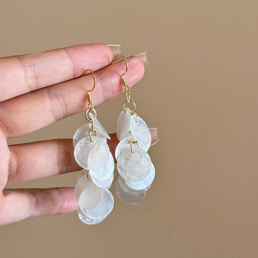 海边度假风长款贝壳流苏耳环 Boho Beach Vacation Style Long Shell Tassel Earrings