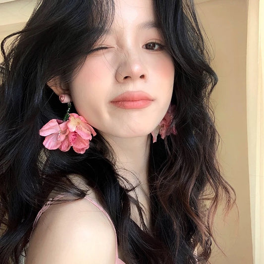 度假风粉色甜美夸张花朵耳环 Pink Sweet Design Floral Earrings – Vacation Style