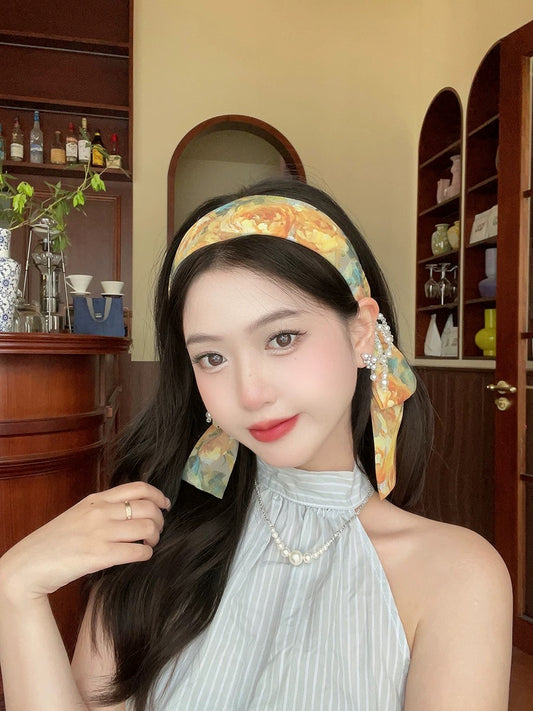 川岛日落 复古森系油画感飘带发箍 Kawashima Sunset Vintage Forest-Style Oil Painting-Inspired Ribbon Headband