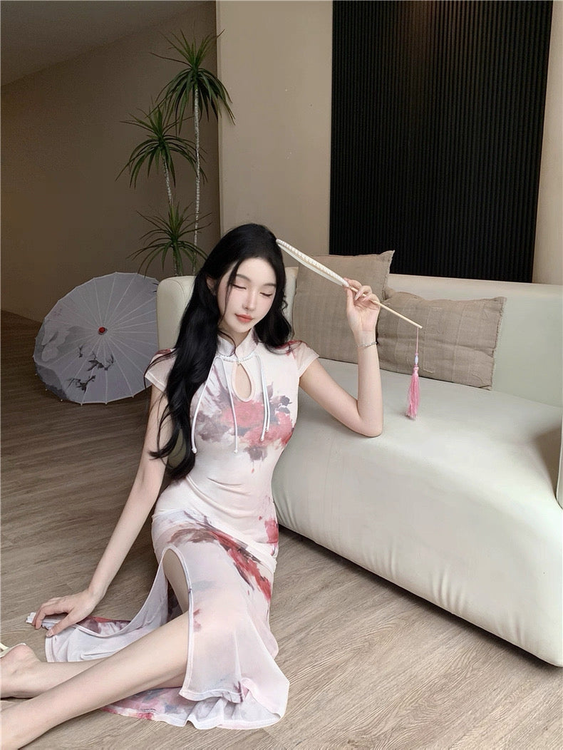 柔纱丝玉 复古新中式网纱印花改良旗袍 Soft Gauze Silk Jade Vintage Neo-Chinese Mesh Printed Modern Qipao