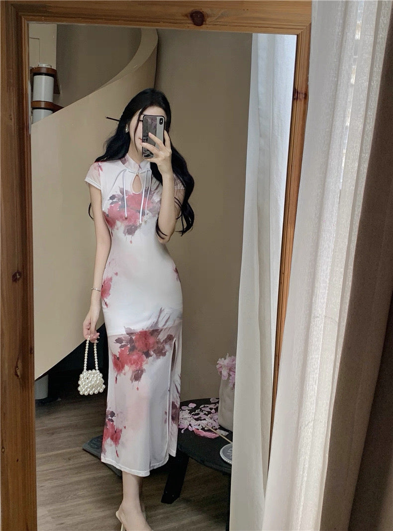 柔纱丝玉 复古新中式网纱印花改良旗袍 Soft Gauze Silk Jade Vintage Neo-Chinese Mesh Printed Modern Qipao