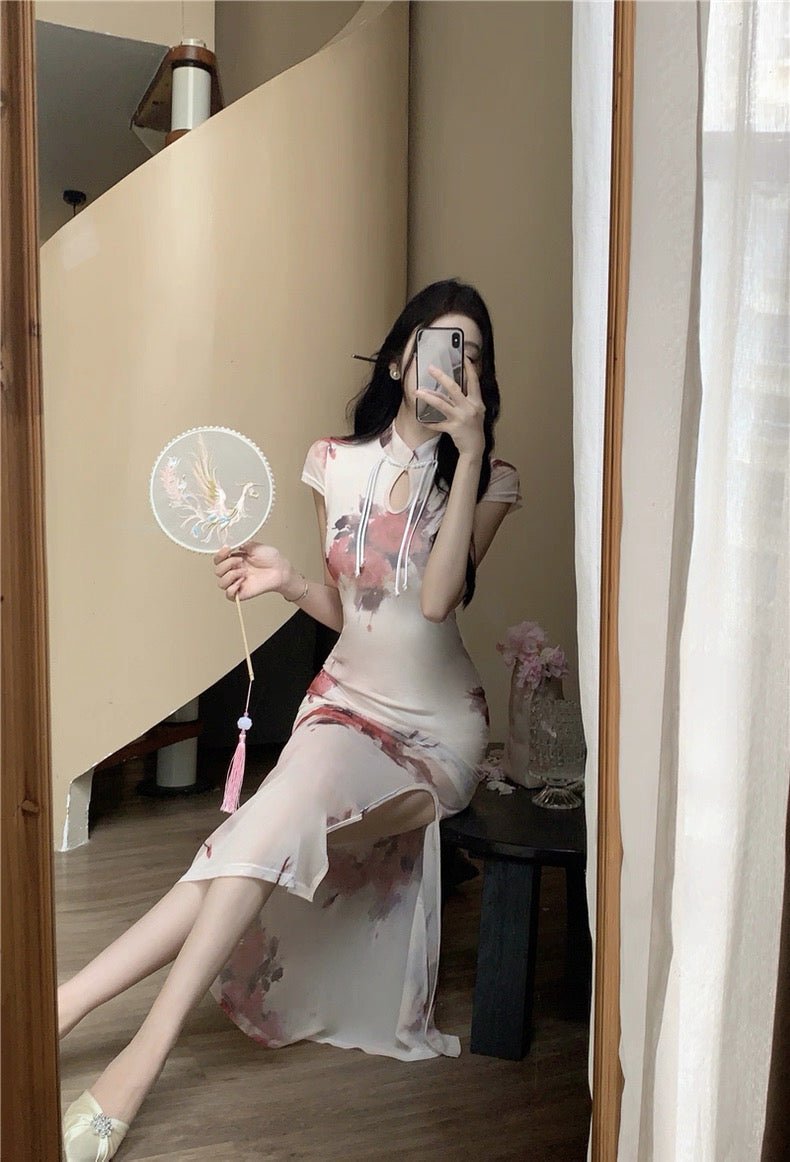 柔纱丝玉 复古新中式网纱印花改良旗袍 Soft Gauze Silk Jade Vintage Neo-Chinese Mesh Printed Modern Qipao