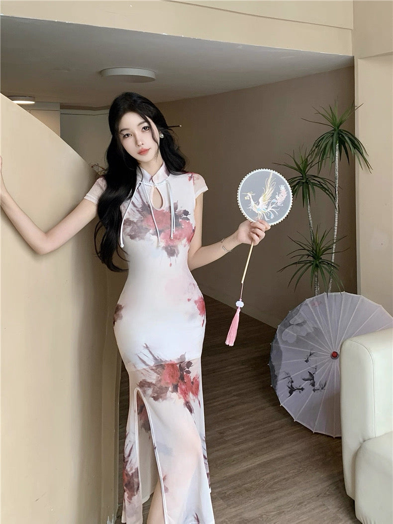 柔纱丝玉 复古新中式网纱印花改良旗袍 Soft Gauze Silk Jade Vintage Neo-Chinese Mesh Printed Modern Qipao