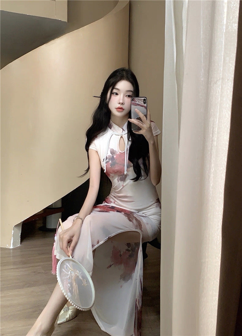 柔纱丝玉 复古新中式网纱印花改良旗袍 Soft Gauze Silk Jade Vintage Neo-Chinese Mesh Printed Modern Qipao