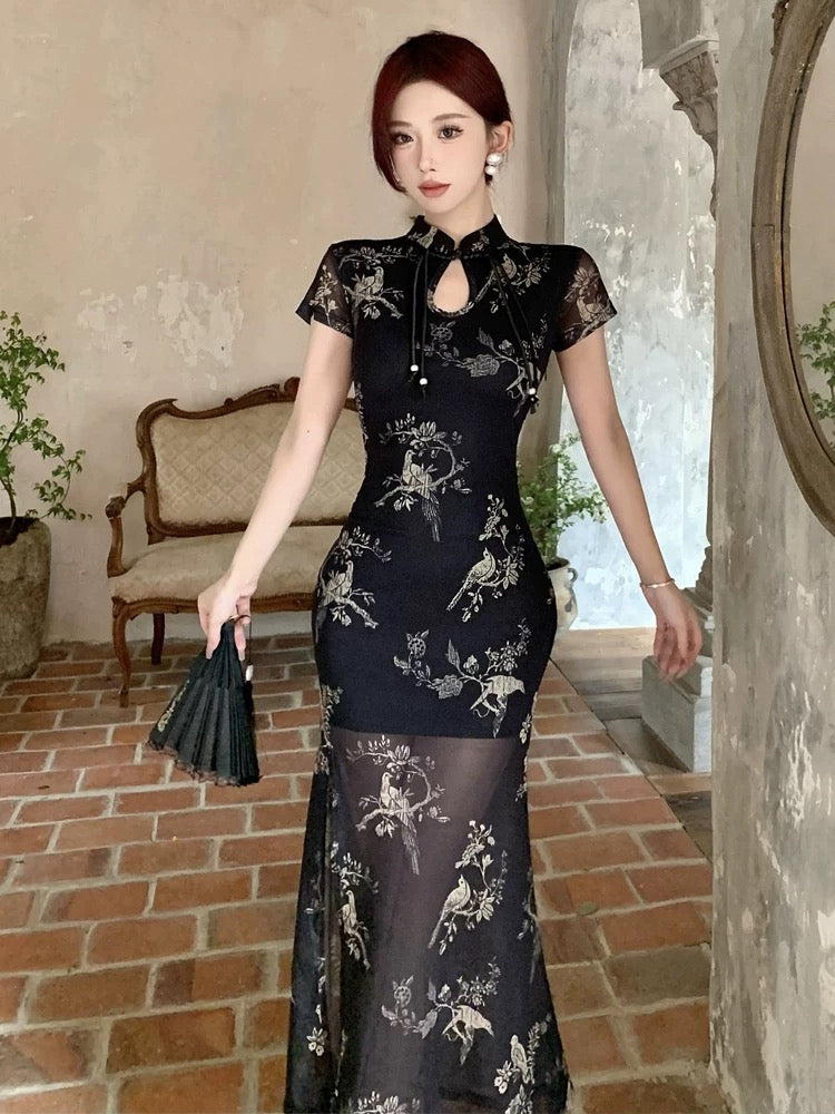 柔纱丝玉 复古新中式网纱印花改良旗袍 Soft Gauze Silk Jade Vintage Neo-Chinese Mesh Printed Modern Qipao