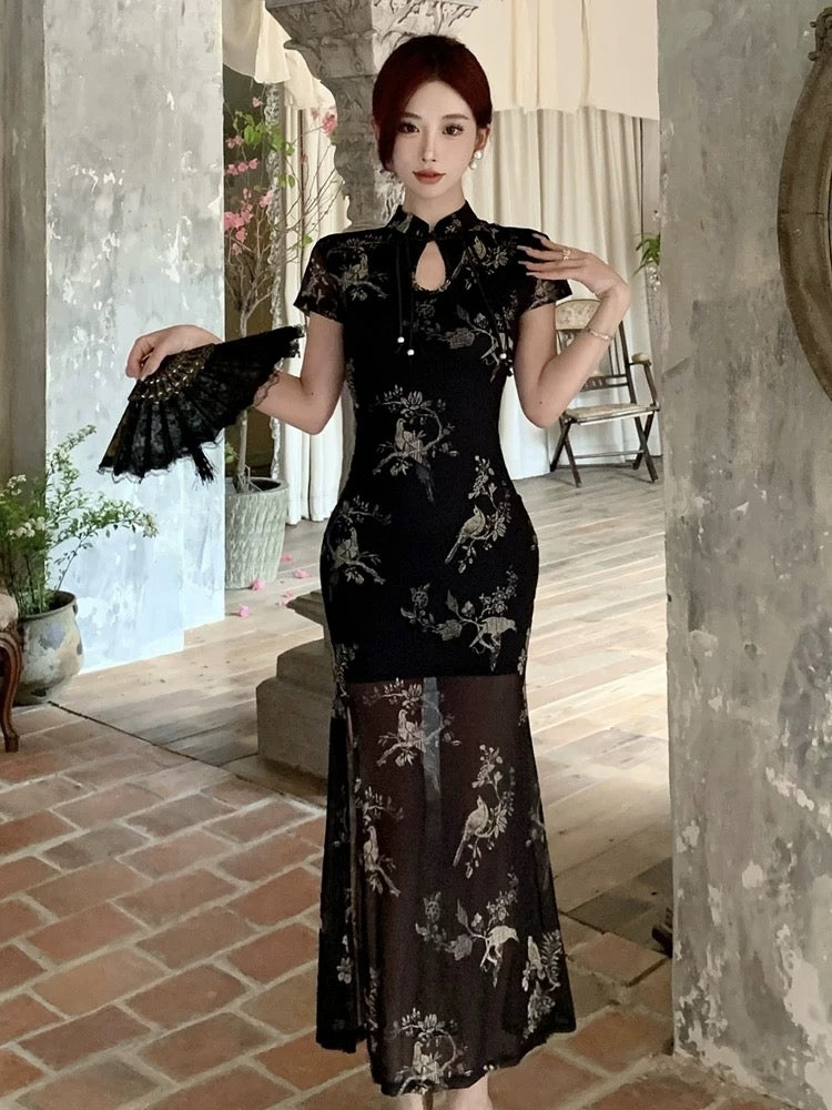 柔纱丝玉 复古新中式网纱印花改良旗袍 Soft Gauze Silk Jade Vintage Neo-Chinese Mesh Printed Modern Qipao