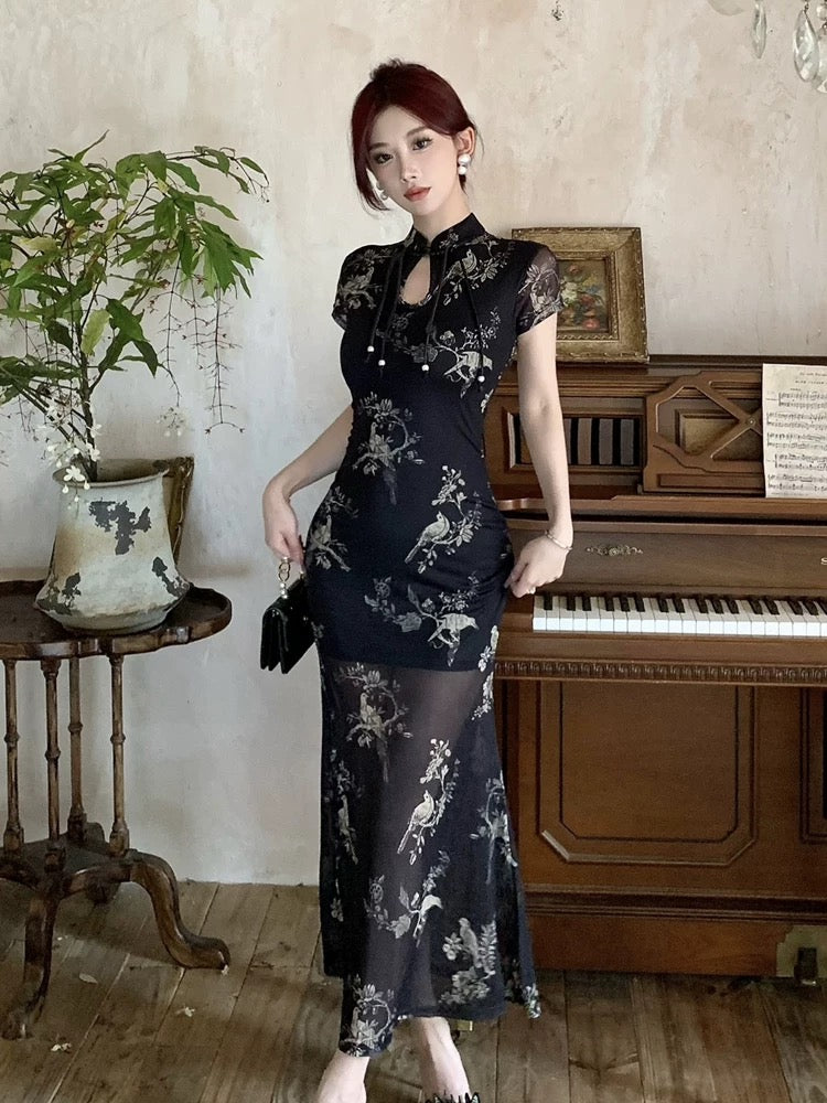 柔纱丝玉 复古新中式网纱印花改良旗袍 Soft Gauze Silk Jade Vintage Neo-Chinese Mesh Printed Modern Qipao