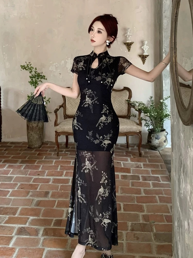 柔纱丝玉 复古新中式网纱印花改良旗袍 Soft Gauze Silk Jade Vintage Neo-Chinese Mesh Printed Modern Qipao