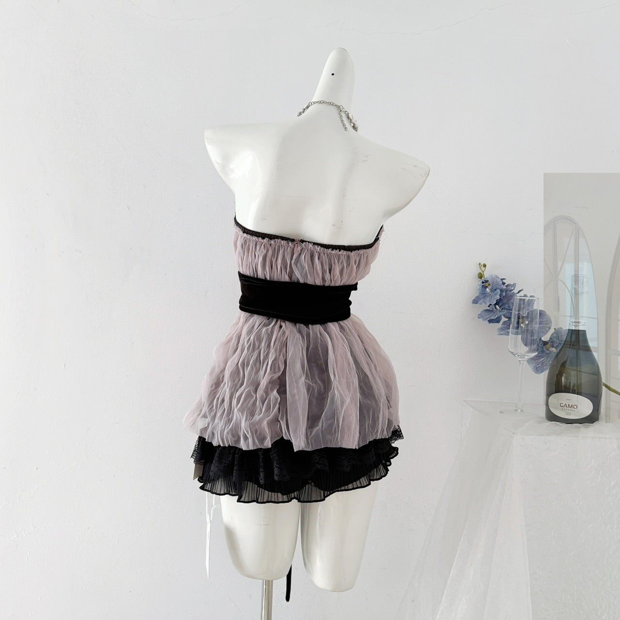 蔷薇 粉色肌理褶皱腰封修身带胸垫套装 Rose Pink Textured Pleated Waist-Cinching Slim Fit Set with Padded Bra