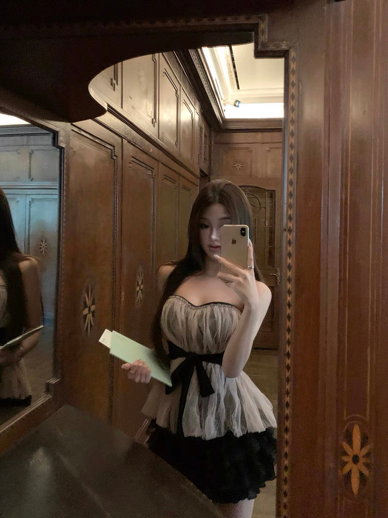 蔷薇 粉色肌理褶皱腰封修身带胸垫套装 Rose Pink Textured Pleated Waist-Cinching Slim Fit Set with Padded Bra