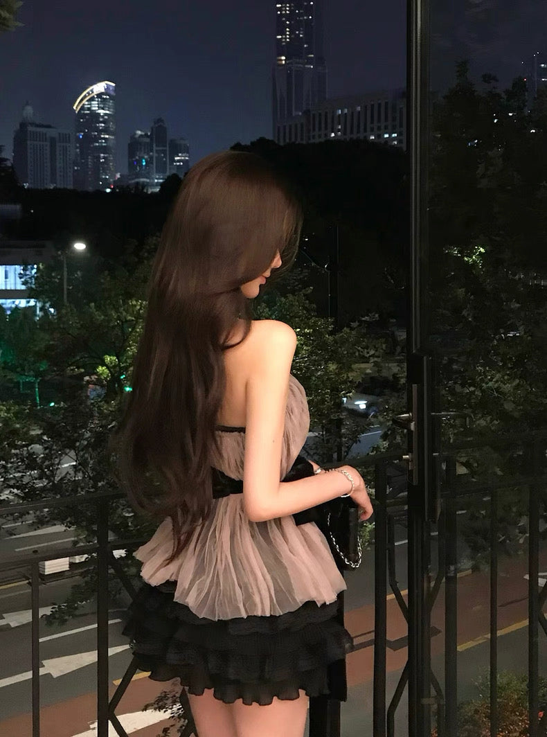 蔷薇 粉色肌理褶皱腰封修身带胸垫套装 Rose Pink Textured Pleated Waist-Cinching Slim Fit Set with Padded Bra