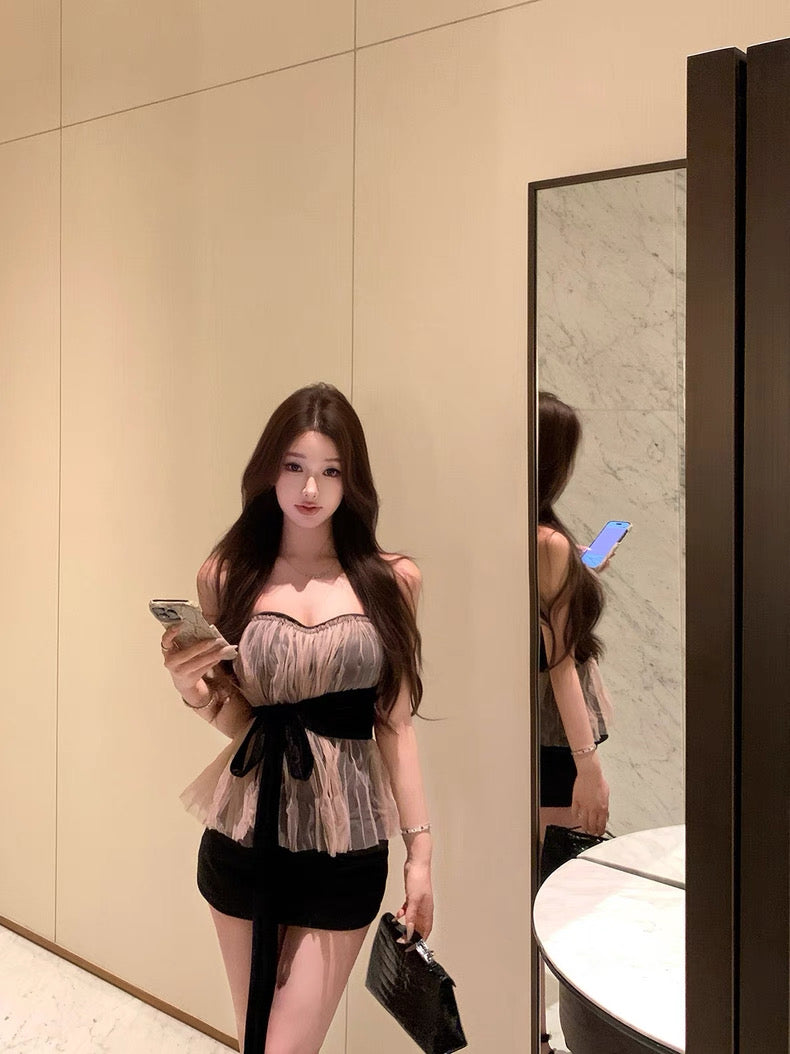 蔷薇 粉色肌理褶皱腰封修身带胸垫套装 Rose Pink Textured Pleated Waist-Cinching Slim Fit Set with Padded Bra