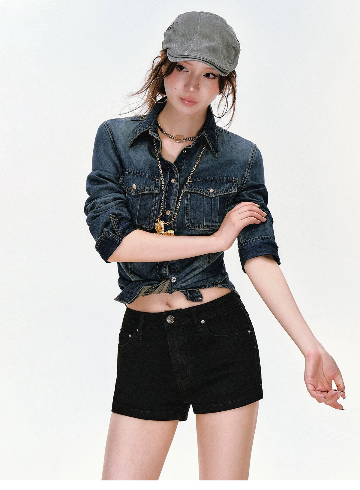 悉尼海岸 收腰牛仔衬衫休闲上衣外套 Sydney Coast Waist-Defined Denim Shirt Casual Jacket