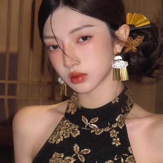 日落金盏 新中式金色扇子发簪/耳环套装 Sunset Golden Chalice – New Chinese Style Golden Fan Hairpin & Earring Set