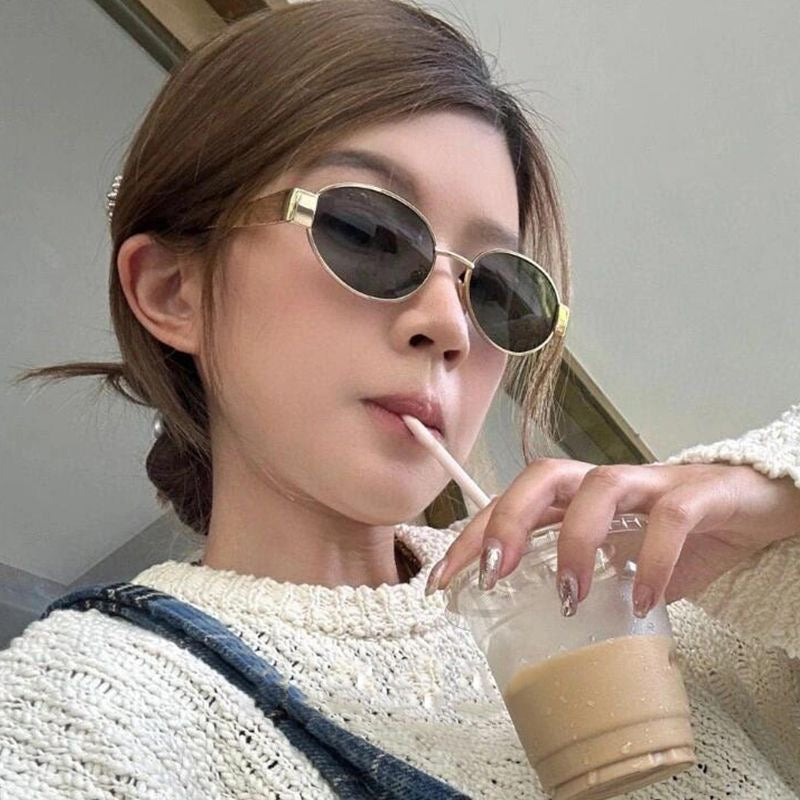 猫眼港妹 金属椭圆形防晒墨镜 Cat-Eye Hong Kong Style Metal Oval Sunglasses